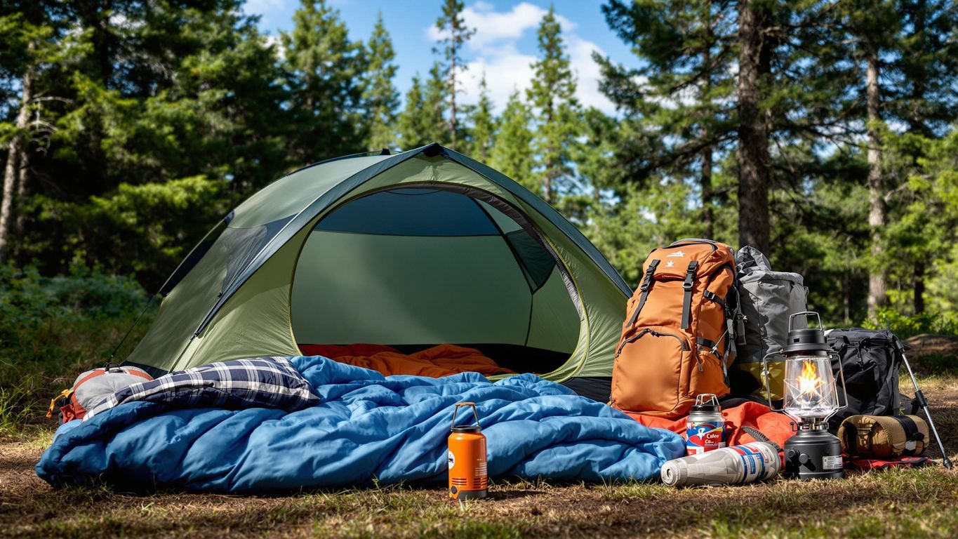 Camping gear including tent, backpack, and lantern in nature.