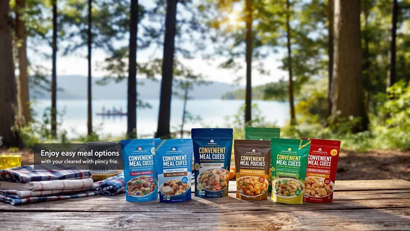 Camping meal pouches on a picnic table in nature.