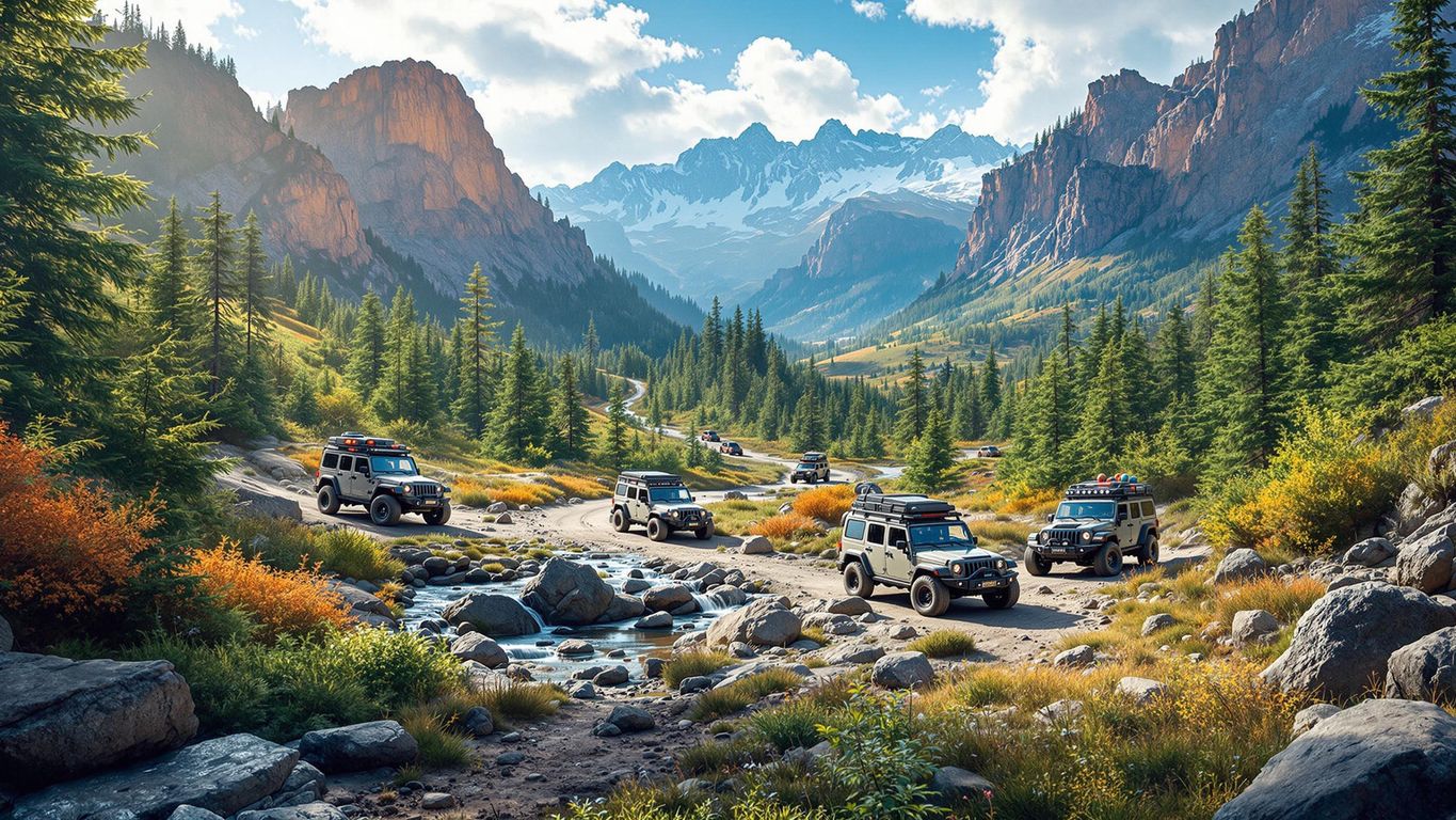 Rugged 4x4 vehicles on diverse overlanding terrains.