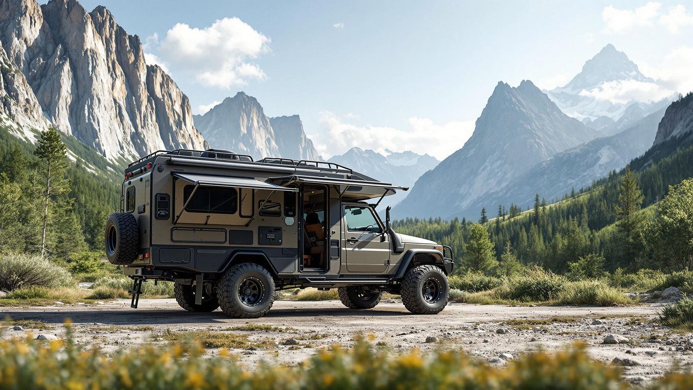 Off-road camper in a stunning mountain landscape.