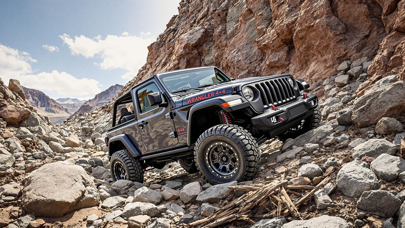 Jeep Wrangler off-roading with 4x4 systems engaged.