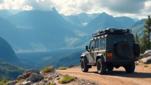 Off-road vehicle on a scenic mountain trail.