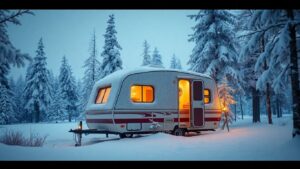 Cozy wooly camping trailer in a snowy winter setting.