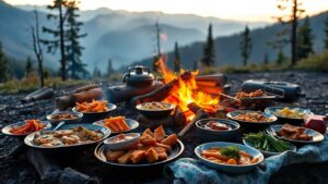 Camping meals with a campfire and nature backdrop.