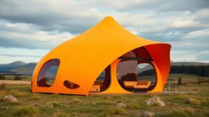 Innovative two-story softshell camping tent in scenic landscape.