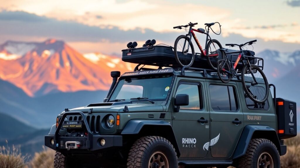 Off-road vehicle with Rhino-Rack and RockyMounts gear.
