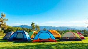 New camping tents displayed in a scenic outdoor setting.