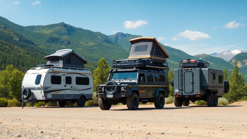 Modern overland vehicles and trailers in outdoor scenery.