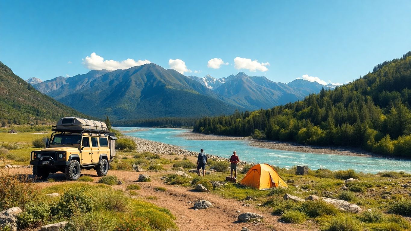 Off-road vehicles in a lush, rugged overlanding landscape.