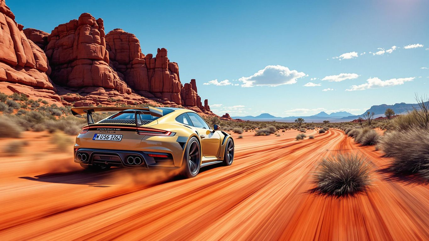 Porsche racing through the Australian Outback landscape.
