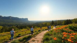 Seniors exploring a beautiful national park with trails.