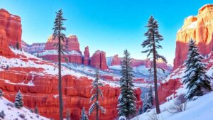 Snowy landscapes and red rock formations in Southern Utah.