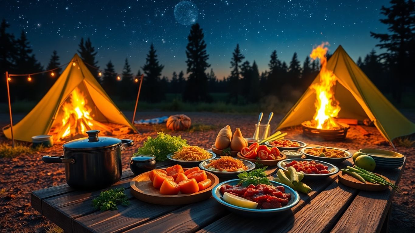 Campsite with campfire and vibrant food spread outdoors.