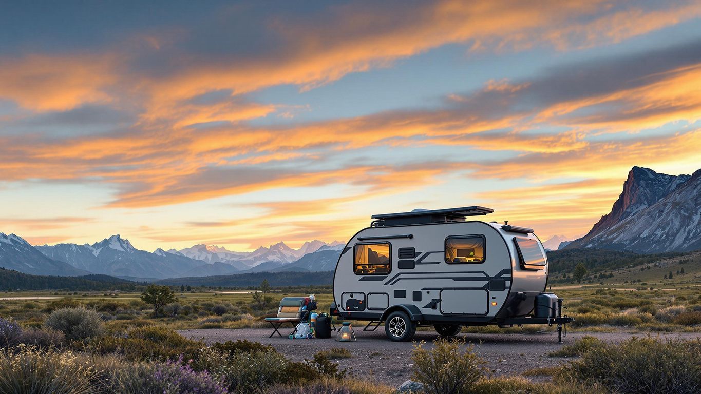 Compact camping trailer in a beautiful outdoor setting.