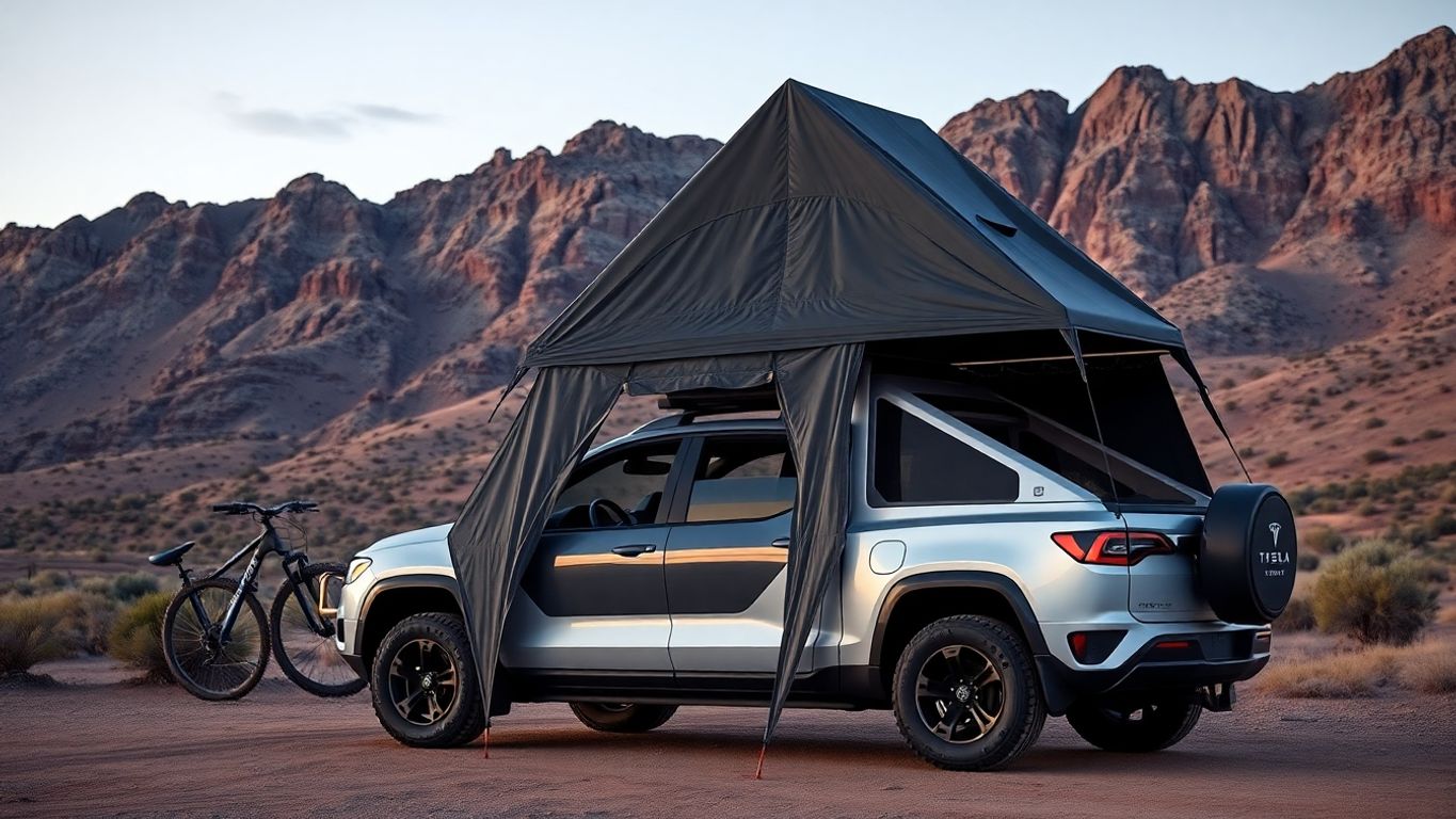 Tesla Cybertruck tent in a rugged outdoor setting.
