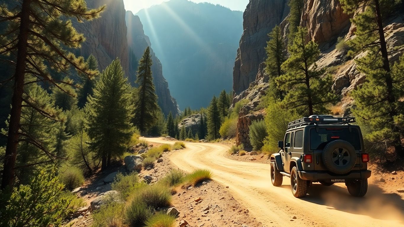 Off-road vehicle on a rugged trail in a national park.