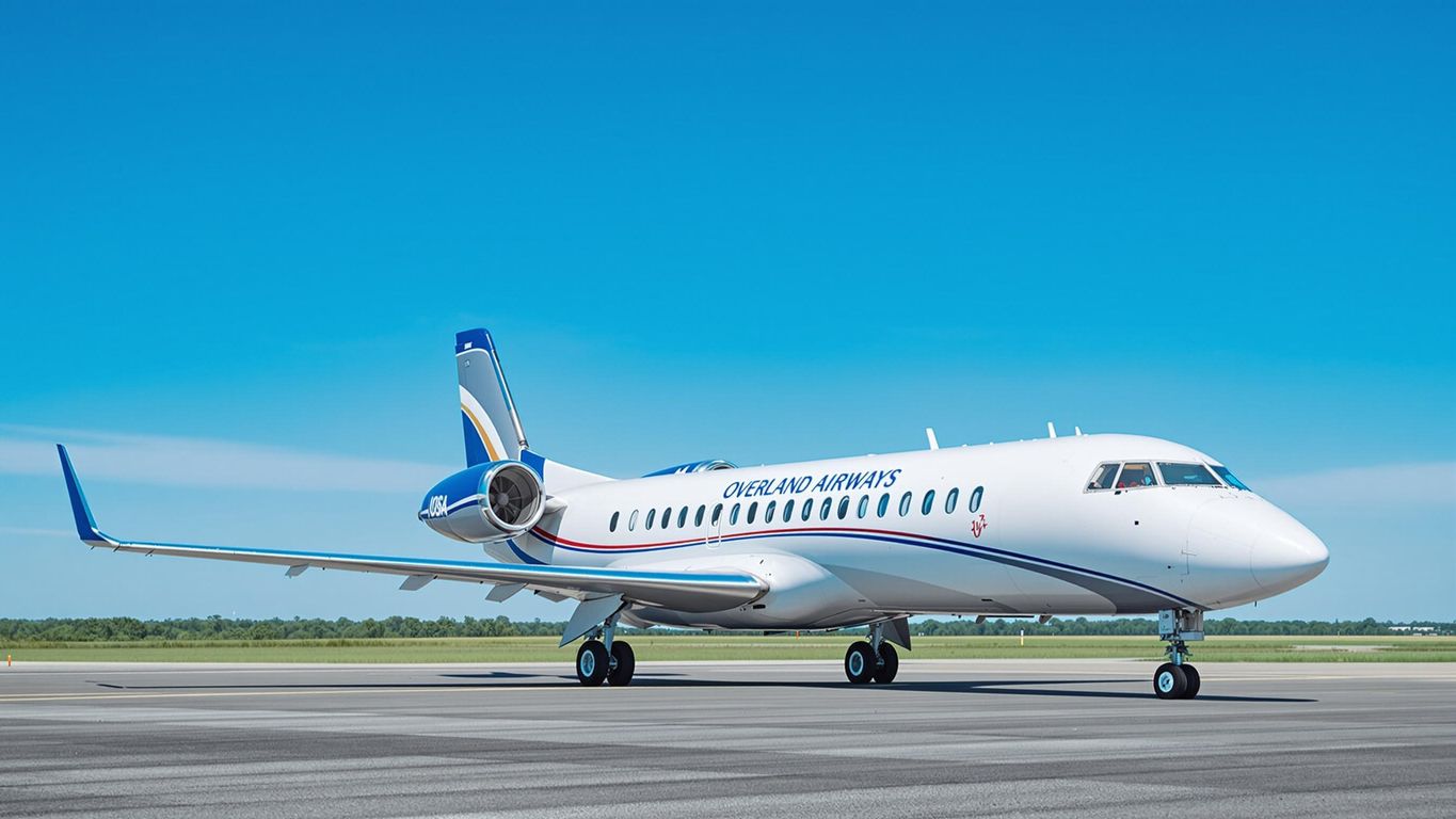 Overland Airways aircraft on the runway under clear sky.