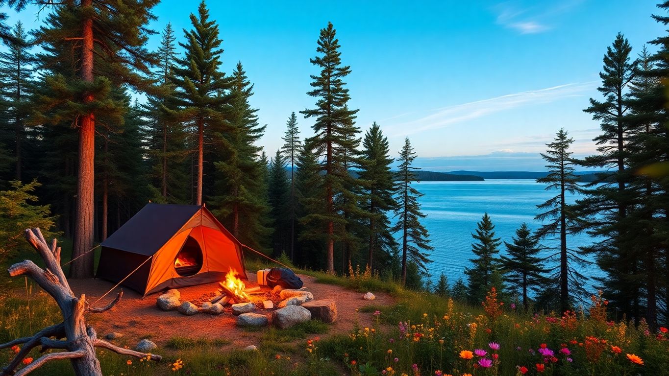 Cozy campsite with campfire in Michigan's scenic nature.