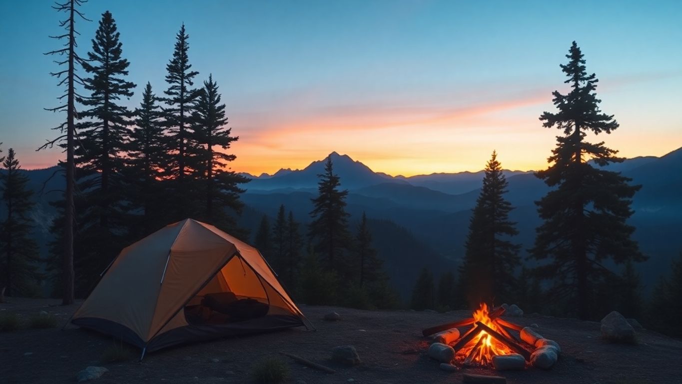 Cozy campsite with tent, trees, and sunset mountains.