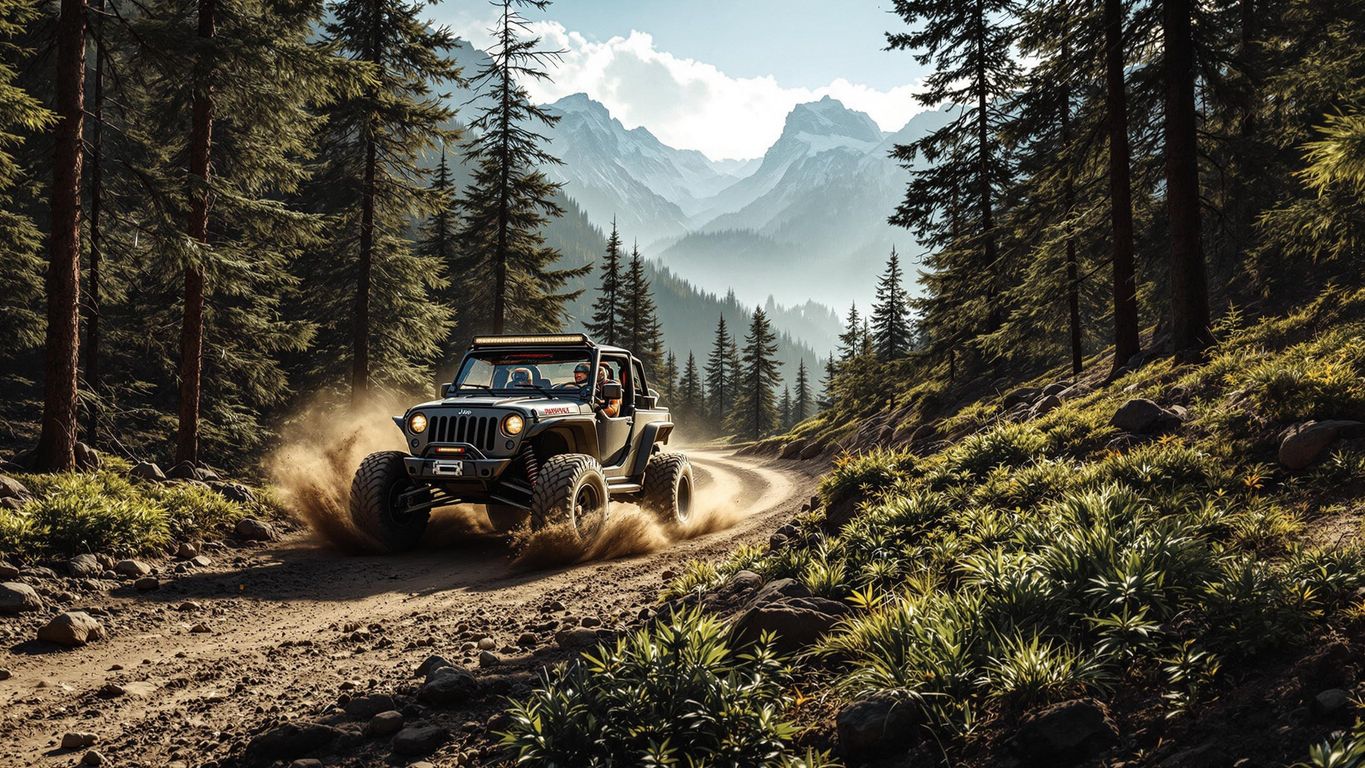 Off-road vehicle on a rugged trail in the forest.
