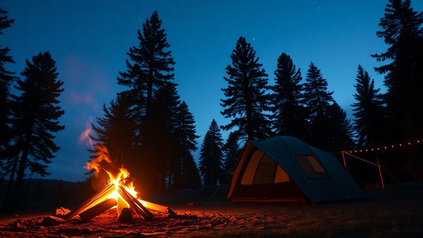 Cozy campsite at dusk with a glowing campfire.