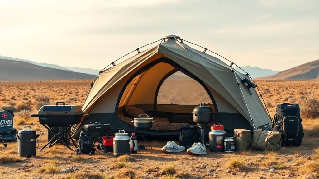 Hyper-realistic off-road camping gear in a wild landscape.