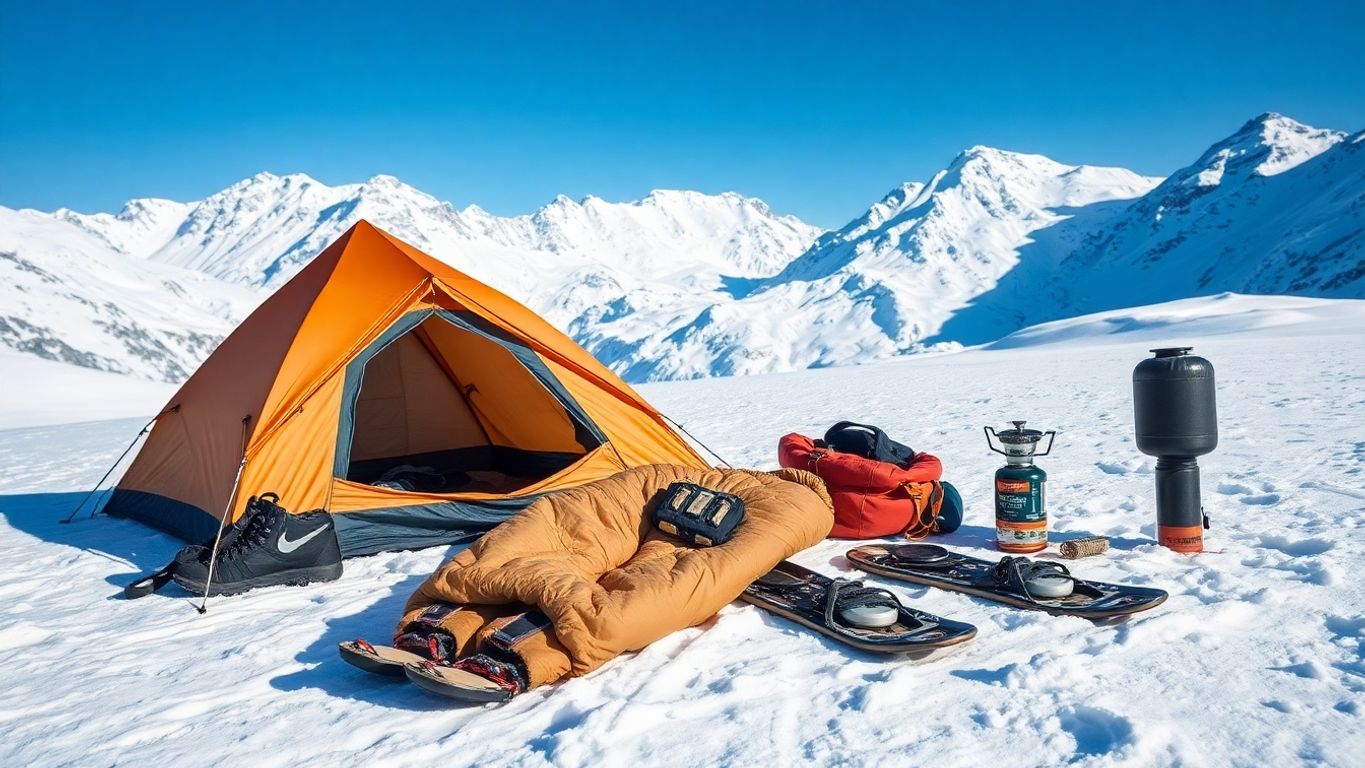 Winter camping gear on snow with mountains in background.