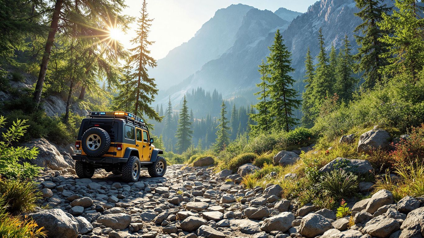 Off-road vehicle on a rocky trail in nature.
