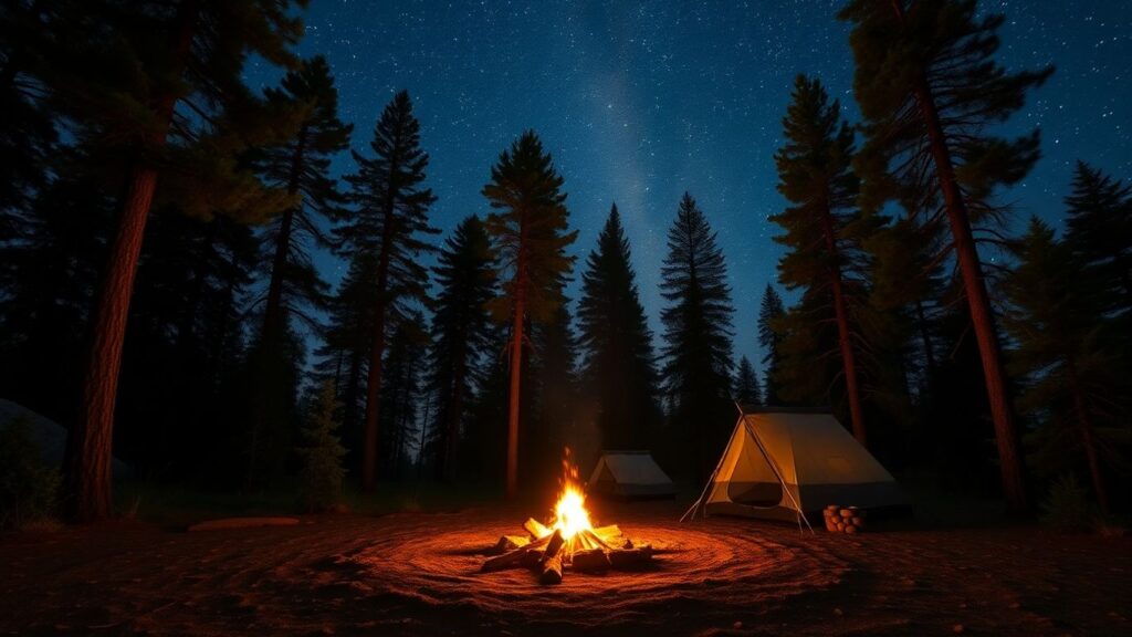 Campsite with trees and starry sky in California.
