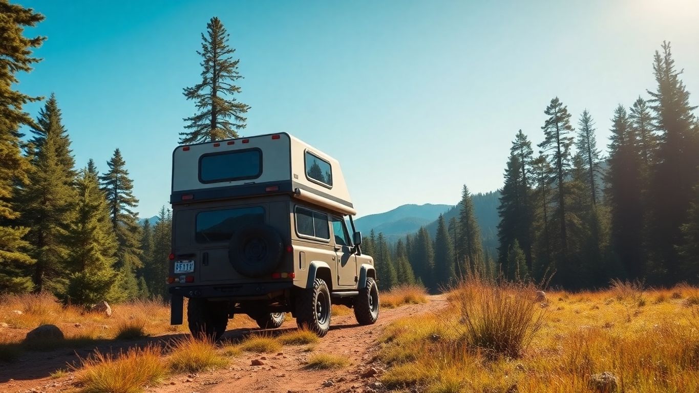 Off-road camper in a lush forest landscape.