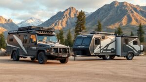 New overlanding vehicles and trailers in a rugged landscape.