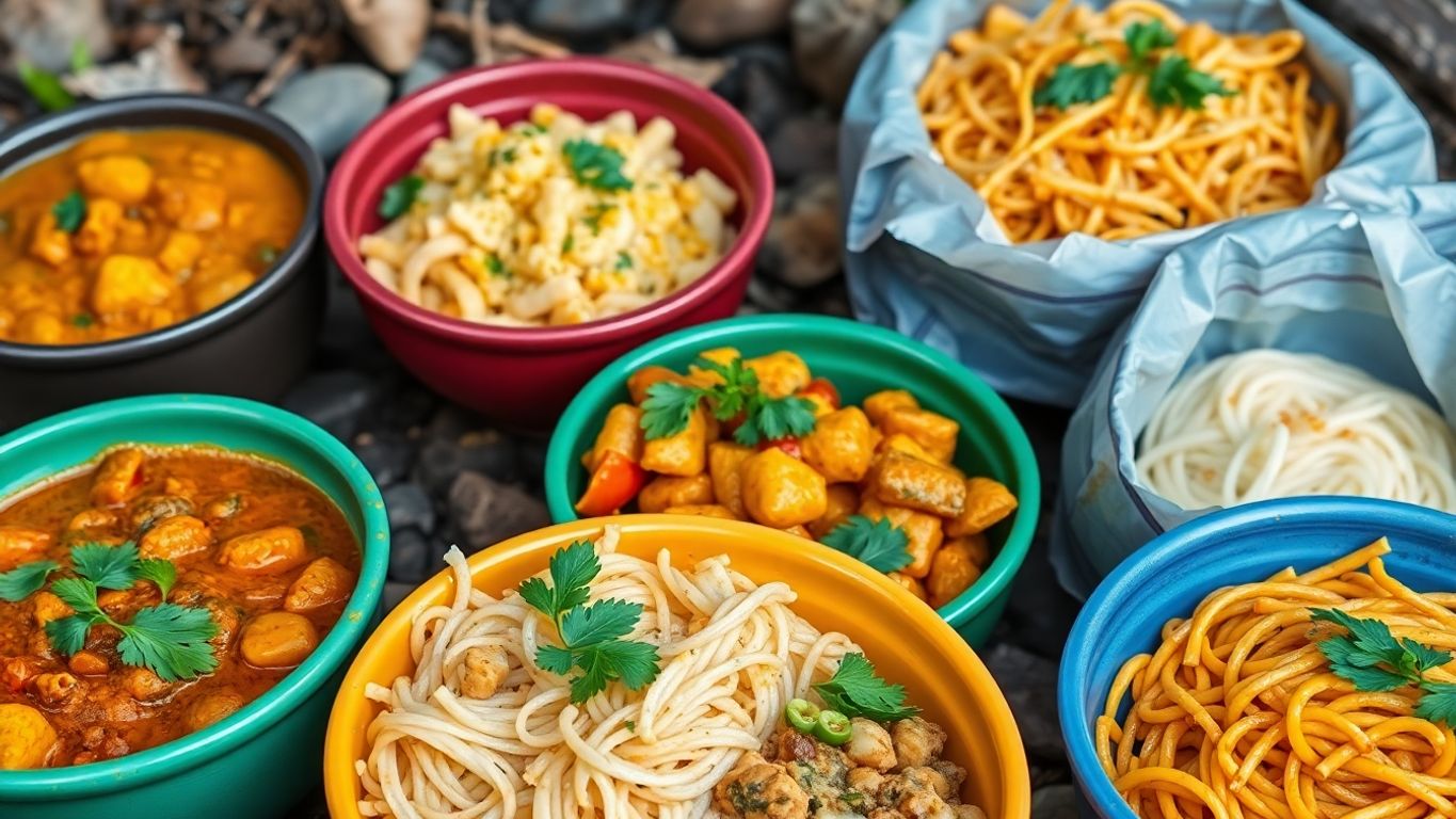 Colorful dehydrated meals in outdoor bowls.
